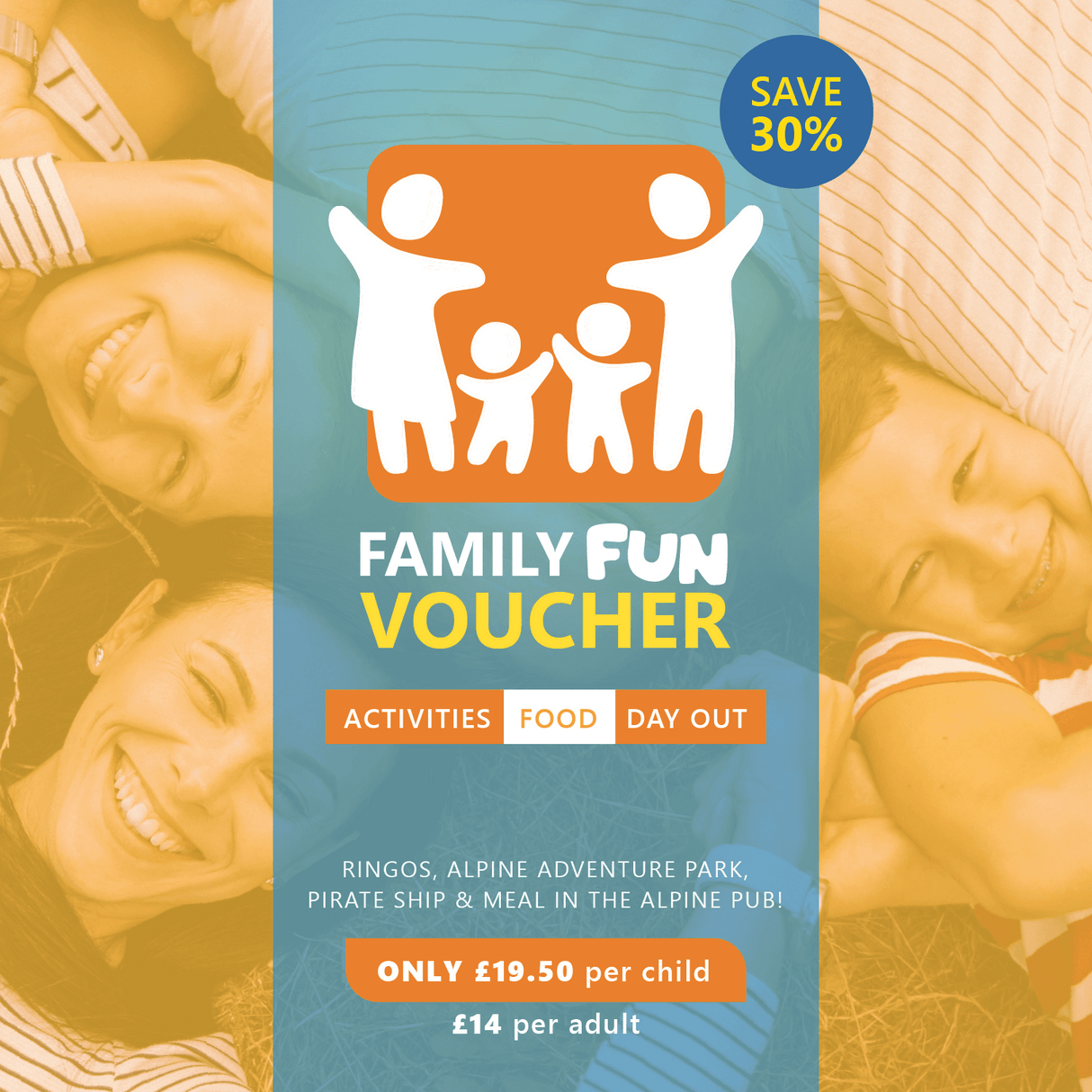 Family Fun Voucher with family icon and promotional text on a colorful background